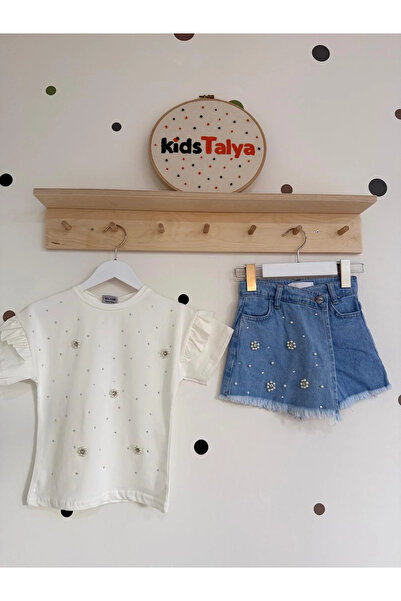 kidstalya Stone Embroidered Shorts Skirt Suit