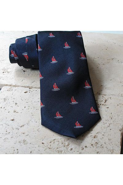 COOLMENCLUB Sailboat Patterned Navy Blue Silk Tie