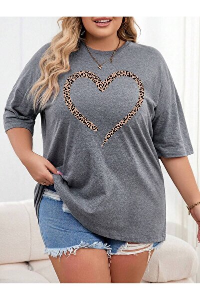 Lider Leather TRICOU DE DAMĂ MĂRIME MARE CU MÂNECĂ SCURTĂ ȘI IMPRIMAT CU INIMĂ