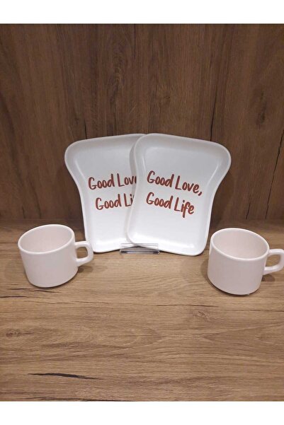 Keramika Breakfast Set for 2 Persons 4 Pieces Toast Plate and Teacup