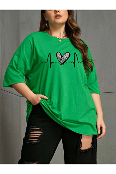 Lider Leather KADIN BÜYÜK BEDEN KALP BASKI ARA BEDEN TSHİRT
