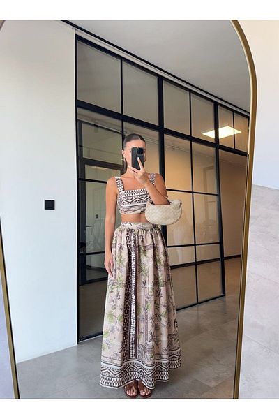 BB Bensu Buyruk Thick Strap Crop Maxi Skirt Brown Patterned Set