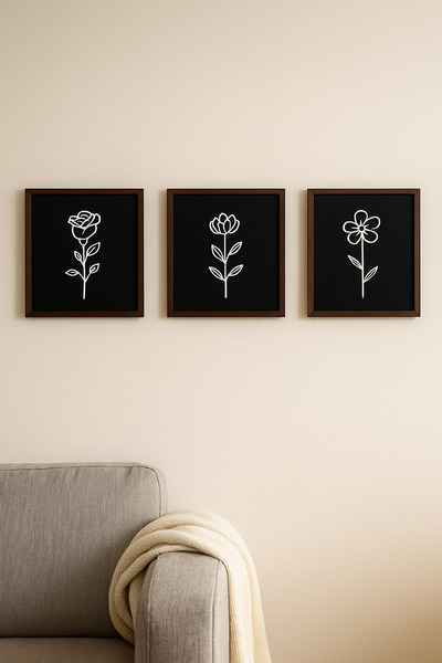 softclass MODERN 3'LÜ ÇİÇEK TABLO 27X25 SALON OFİS MUTFAK DUVAR DEKORU BOHEM ...