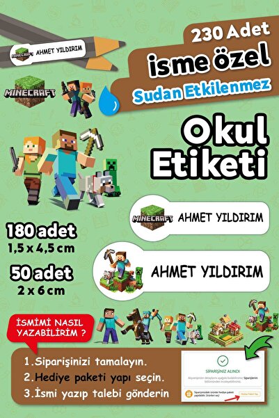 HediyeHanesi Minecraft Temalı Kişiye Özel İsimli Defter Kalem Okul Etiketi, Y...