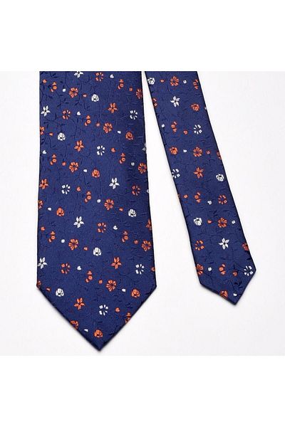 COOLMENCLUB Floral Patterned Navy Blue Silk Tie