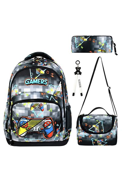 BGT BEGATİ Gamers Game Console Patterned Triple Children's Primary School Bag Special Fabric (Bag.Thermal Nutrition.Pencil Holder)