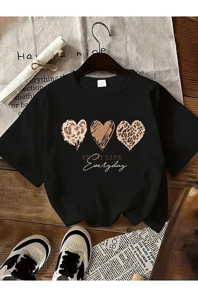 FUFLUNS Enjoy Li̇fe Hearts Printed Oversize Circle Neck T-Shirt
