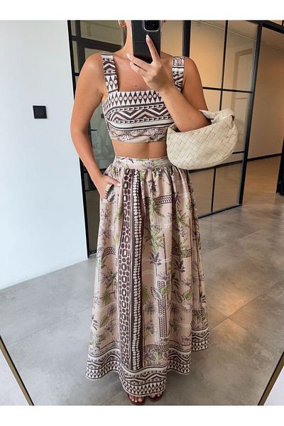 BB Bensu Buyruk Thick Strap Crop Maxi Skirt Brown Patterned Set