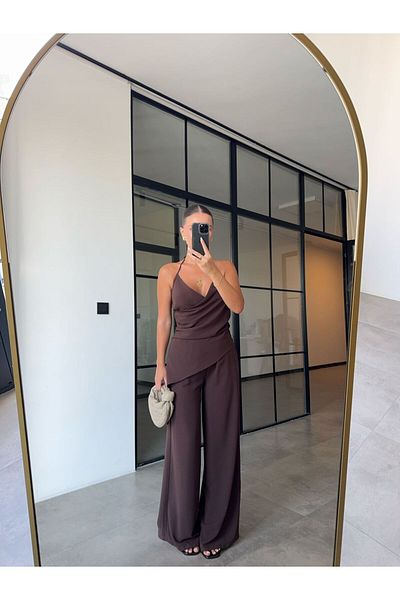 BB Bensu Buyruk Kruvaze Asymmetric Bluz Pants Brown Suit