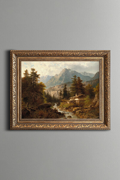 epiqart Bir Derede Balıkçıyla Dağ Manzarası - Vintage Desenli Çerçeve