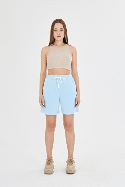 TRENDHİLL Plus Size Women's Cotton Shorts Baby Blue 7002-Bm