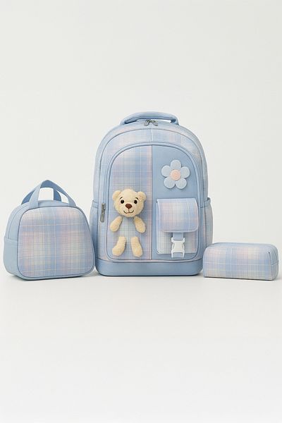NEMO BAGS Geantă pentru școală primară cu ursuleț albastru, cu cutie de prânz și trusa de creion, rucsac durabil, 40x28cm