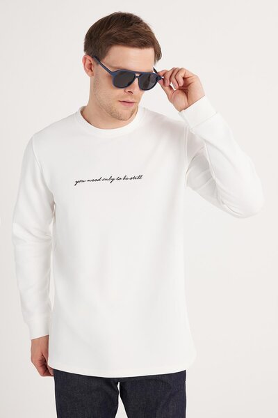 Tudors Ανδρικό φούτερ με στάνταρ εφαρμογή, βαμβακερό λαιμόκοψη, ριγέ στάμπα, λευκό