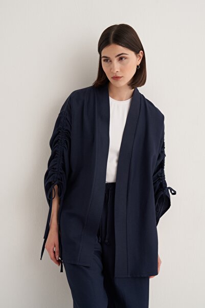 EBU Prive Women's Cupra Draped Cotton Drawstring Detailed Kimono Trousers Suit Navy Blue