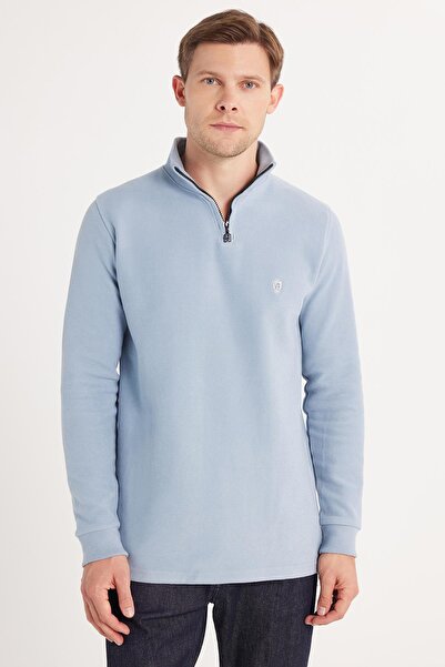 Tudors Hanorac pentru bărbați, slim fit, subțire, din bumbac, din țesătură din Salanik, cu jumătate de fermoar, cu gât vertical albastru