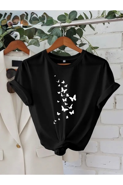 FUFLUNS تي شيرت برقبة دائرية كبيرة الحجم مطبوع عليه فراشات صغيرة