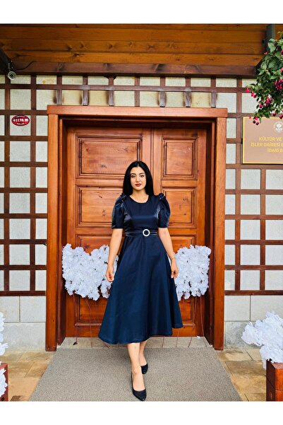 DINA FASHION ALİN KLOŞ SATEN KISA KOLLU ABİYE ELBİSE