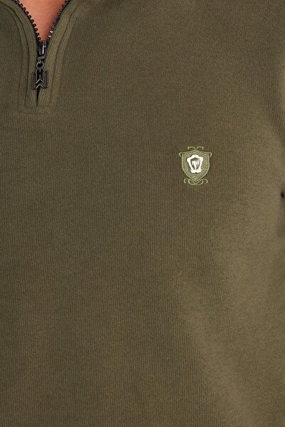 Tudors Ανδρικό φούτερ με λεπτή εφαρμογή, λεπτή εφαρμογή, βαμβακερό ύφασμα από το Σελάνικο, με μισό φερμουάρ, χακί, όρθιο γιακά