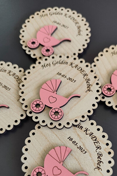 ERDİZDEN Wooden Newborn Magnet with Round Baby Carriage Figure - 20 Pieces
