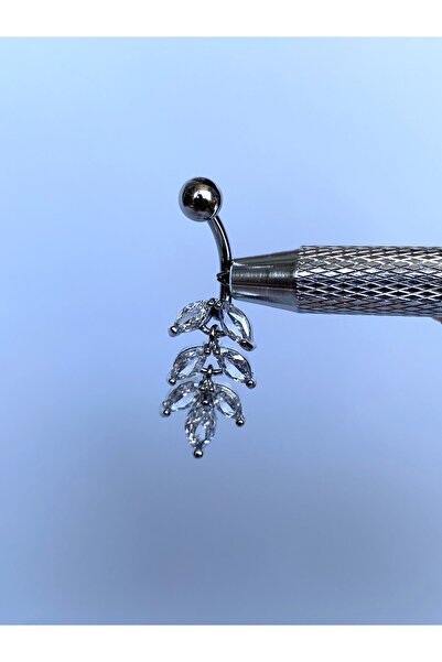 kurukafagift Göbek Çelik Piericng Gümüş Renk Zirkon Taşlı Hareketli Yaprak Model