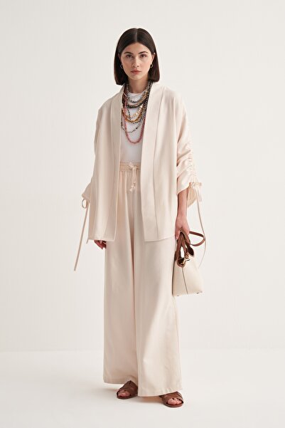 EBU Prive Women's Cupra Draped Cotton Drawstring Detailed Kimono Trousers Suit Bone