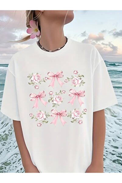 FUFLUNS تي شيرت برقبة دائرية كبيرة الحجم مطبوع عليه شريط وزهور