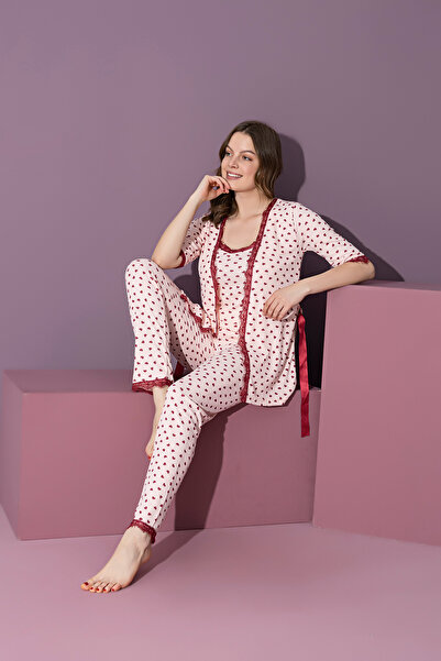 rindahomewear KADIN FİTİLLİ 3 PARÇA SABAHLIK SET PİJAMA TAKIMI