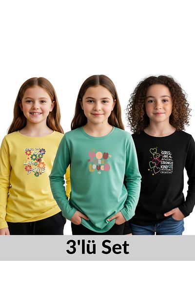 FYK KİDS 3-Piece Round Neck Printed Detail Girl's Sweatshirt