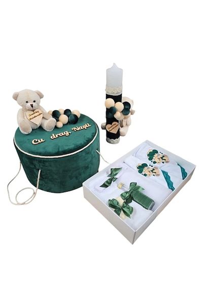 OEM Set elegant pentru botez cu cutie și lumânare, decor din dantelă verde