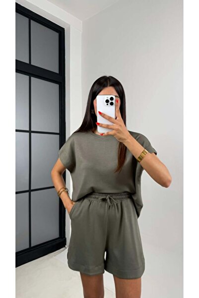 manana fashion Haki Modal T-Shirt Şort İkili Takım - 7084