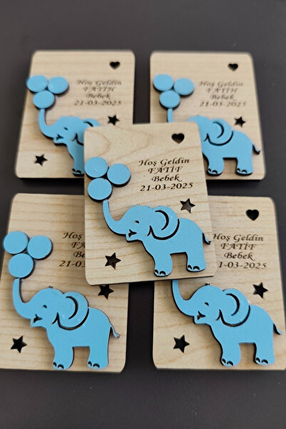 ERDİZDEN Wooden Newborn Magnet with Elephant Figure and Balloons - 20 Pieces