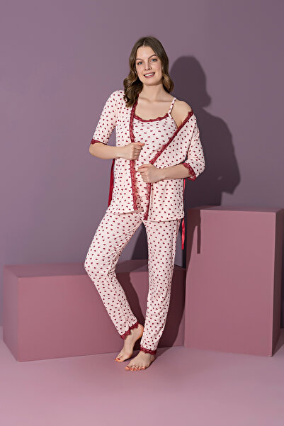 rindahomewear KADIN FİTİLLİ 3 PARÇA SABAHLIK SET PİJAMA TAKIMI