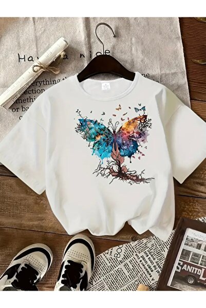 FUFLUNS Oversize Circleneck T-Shirt with Butterfly Tree Print