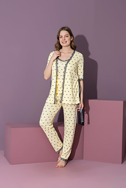 rindahomewear KADIN FİTİLLİ 3 PARÇA SABAHLIK SET PİJAMA TAKIMI