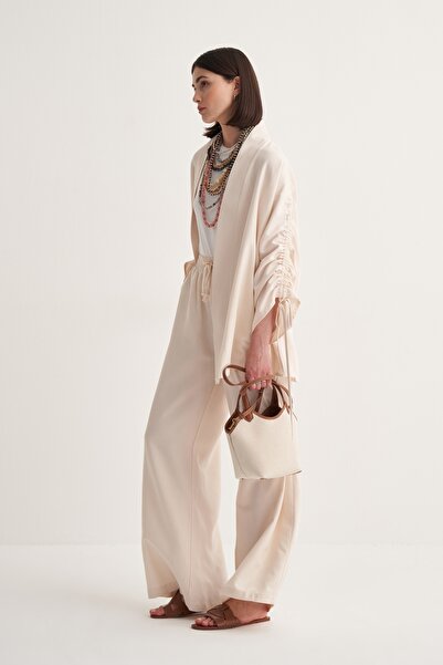 EBU Prive Women's Cupra Draped Cotton Drawstring Detailed Kimono Trousers Suit Bone