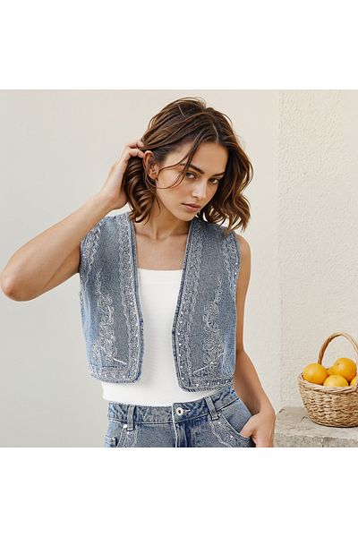 Lee Cooper جاكيت جينز قصير بدون أكمام مطرز