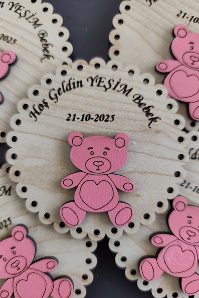 ERDİZDEN Wooden Newborn Magnet with Round Teddy Bear Figure - 20 Pieces