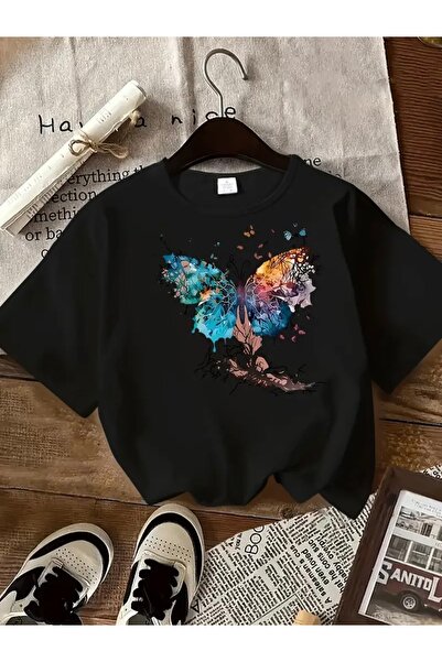 FUFLUNS Oversize Circleneck T-Shirt with Butterfly Tree Print