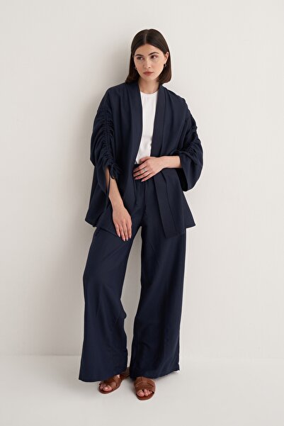 EBU Prive Women's Cupra Draped Cotton Drawstring Detailed Kimono Trousers Suit Navy Blue