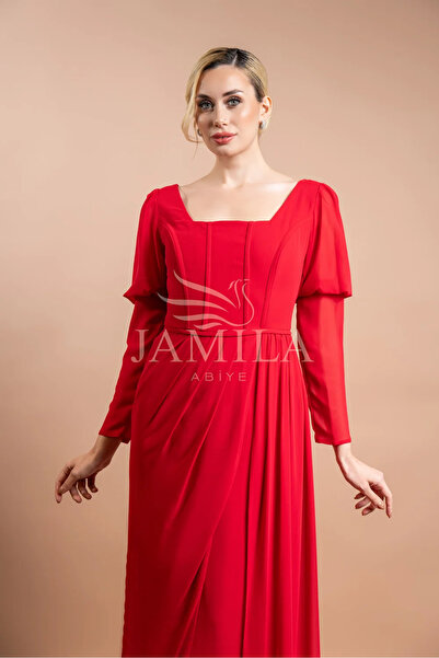 Lovely Dress Kare Yaka Uzun Kollu Kuplu Yırtmaçlı Abiye Elbise