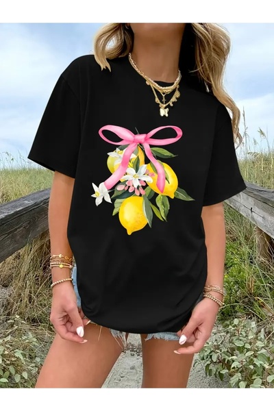 FUFLUNS تي شيرت برقبة دائرية كبيرة الحجم مطبوع عليه ليمون