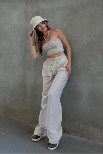 OurStyles P.L.U.S S.İ.Z.E Pantaloni palazzo confortabili pentru femei, cu talie înaltă, din in, cu elastic în talie, cu șireturi.