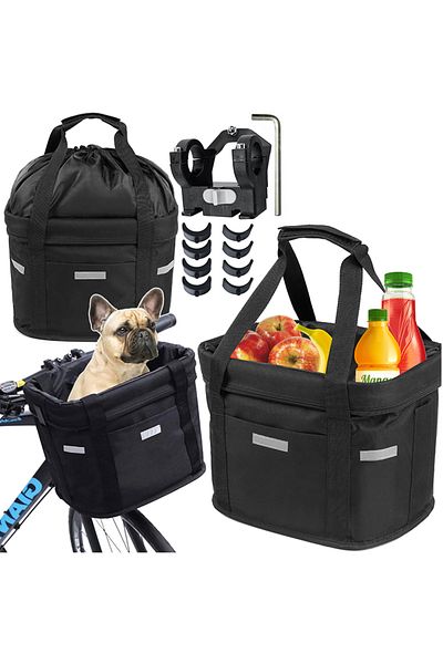 SERSIMO Cos bicicleta fata 34x24x25 cm, aluminiu si material textil, sistem click, cu husa ploaie, negru