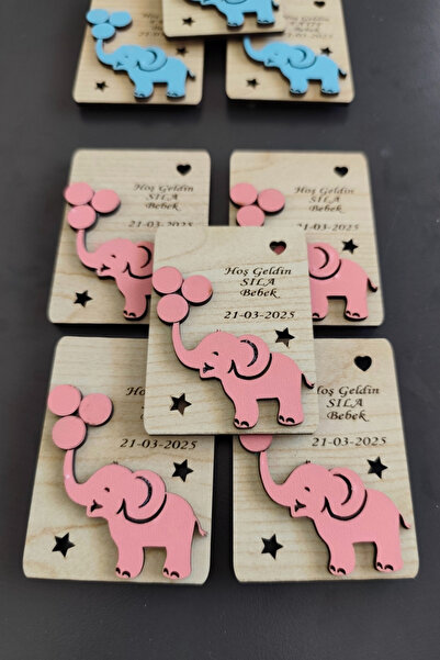 ERDİZDEN Wooden Newborn Magnet with Elephant Figure and Balloons - 20 Pieces