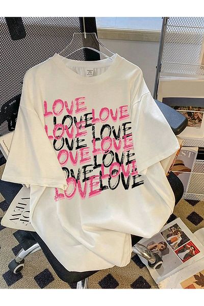 Pulli Collection Тениска с щампа Ecru Love, голям размер, 95% памук, 5% ликра