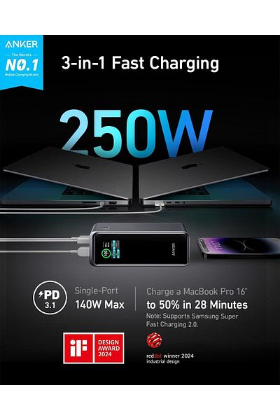 Anker Prime 27,650mAh Power Bank (250W), 3-Port Portable Charger