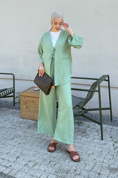 Tesettür Diyarı Kimono Double Set with Tie Detail - Turquoise