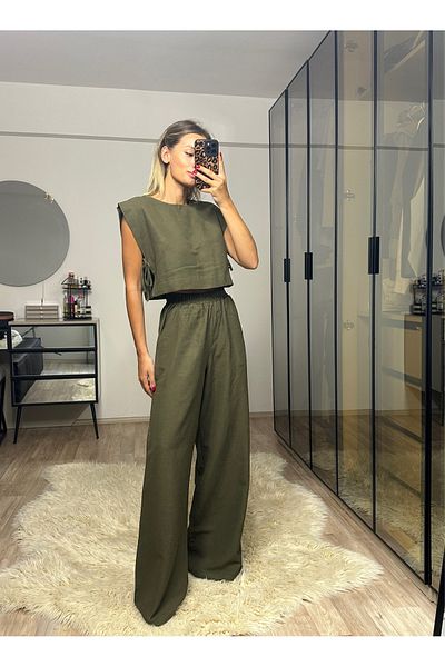 NET OF NOT Hope Khaki Bamboo Linen Blouse Pants Set