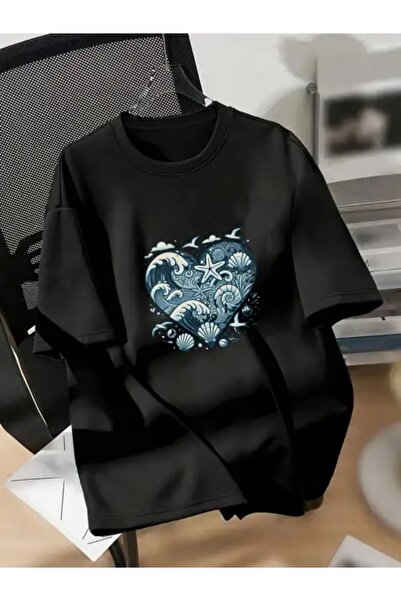 FUFLUNS Oversize Crew Neck T-Shirt with Heart Print