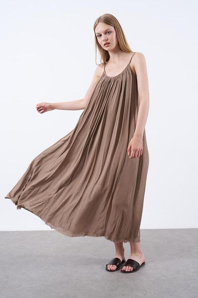 Stil Sepeti Rochie lungă din bumbac căptușită cu șnur, maro, premium, cu guler cu bretele Perry PRY-10003173